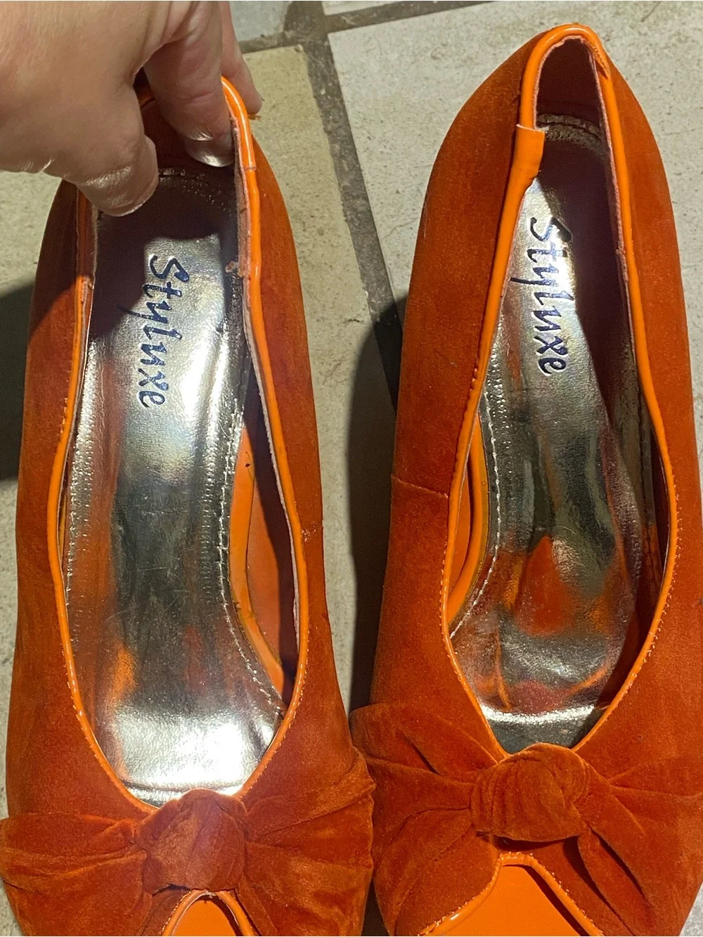 Styluxe Bright Orange Suede Peep-Toe Platform Wedges with Bow-Tie Front